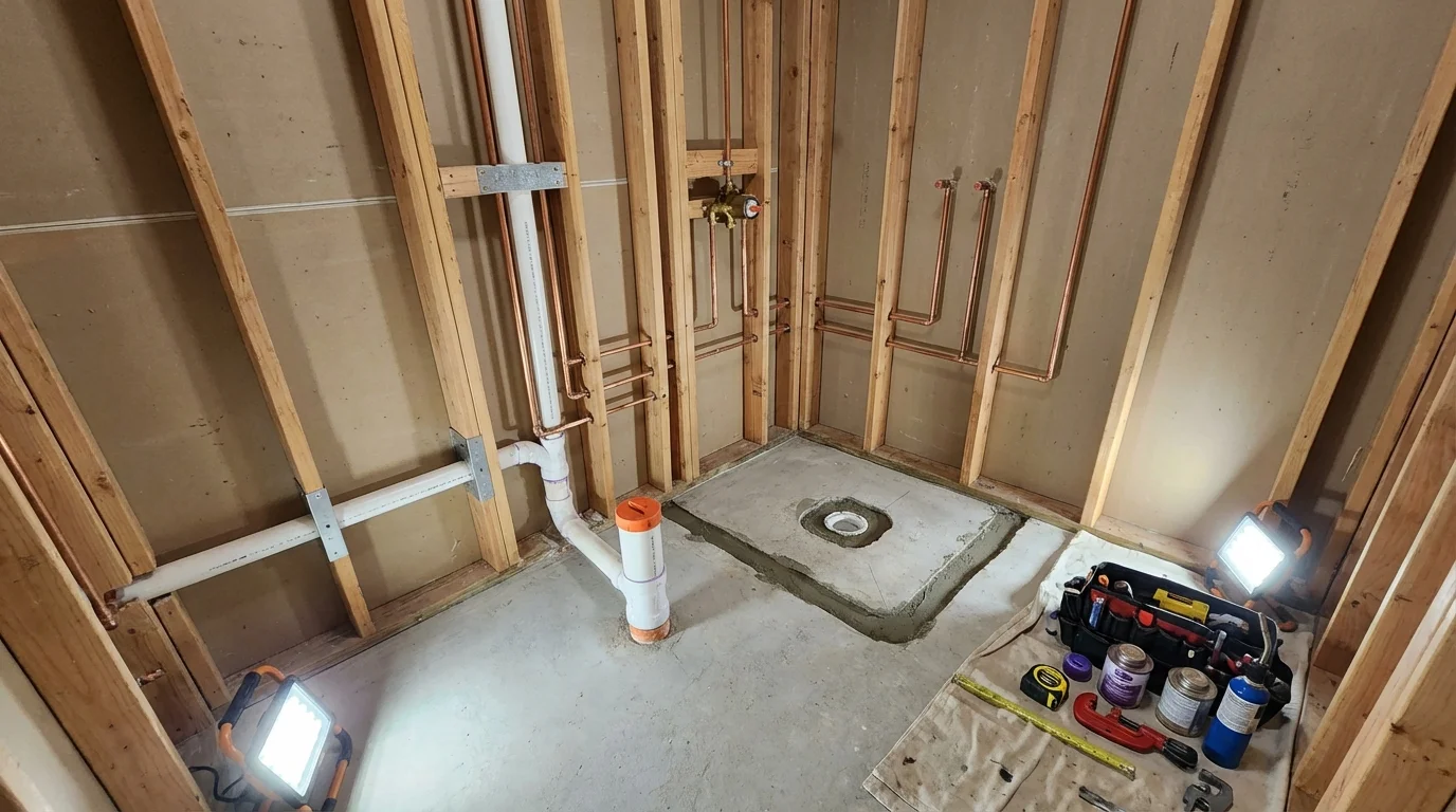 Bathroom rough-in plumbing during remodel by Johns Plumbing LLC in Guerneville
