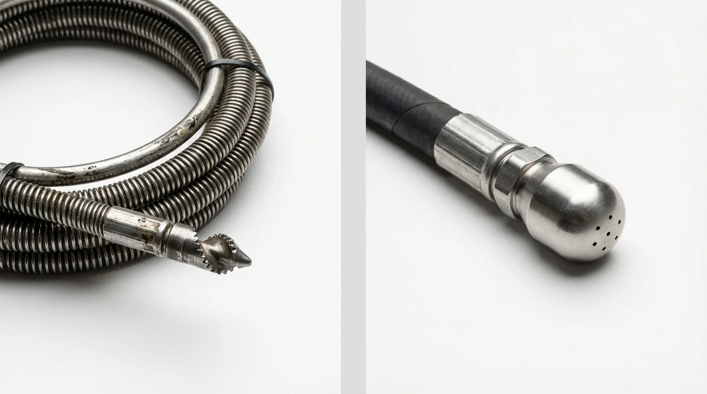 Drain snake cable and hydro jetting nozzle used for drain cleaning in Guerneville, CA