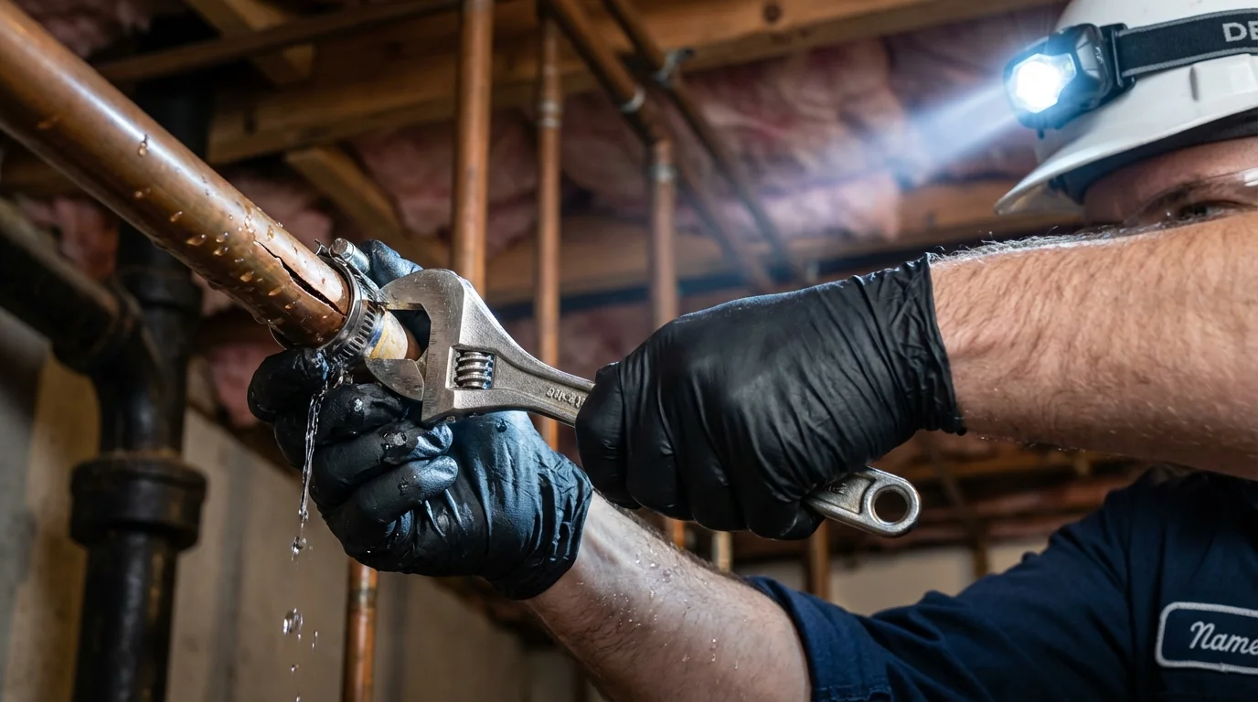 Emergency pipe clamp repair being performed by a Johns Plumbing LLC plumber in Guerneville