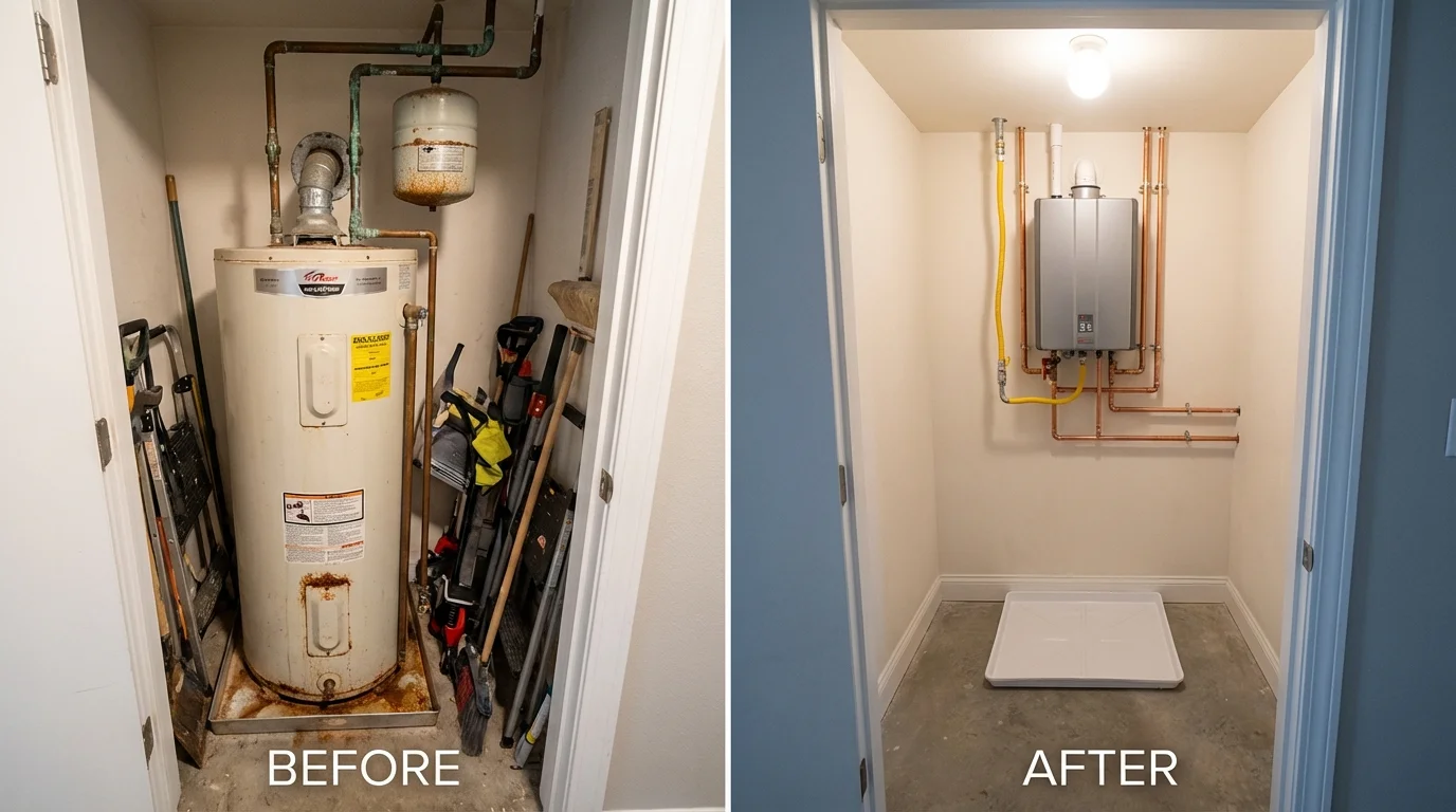 Tank water heater versus wall-mounted tankless unit comparison for Guerneville, CA homeowners