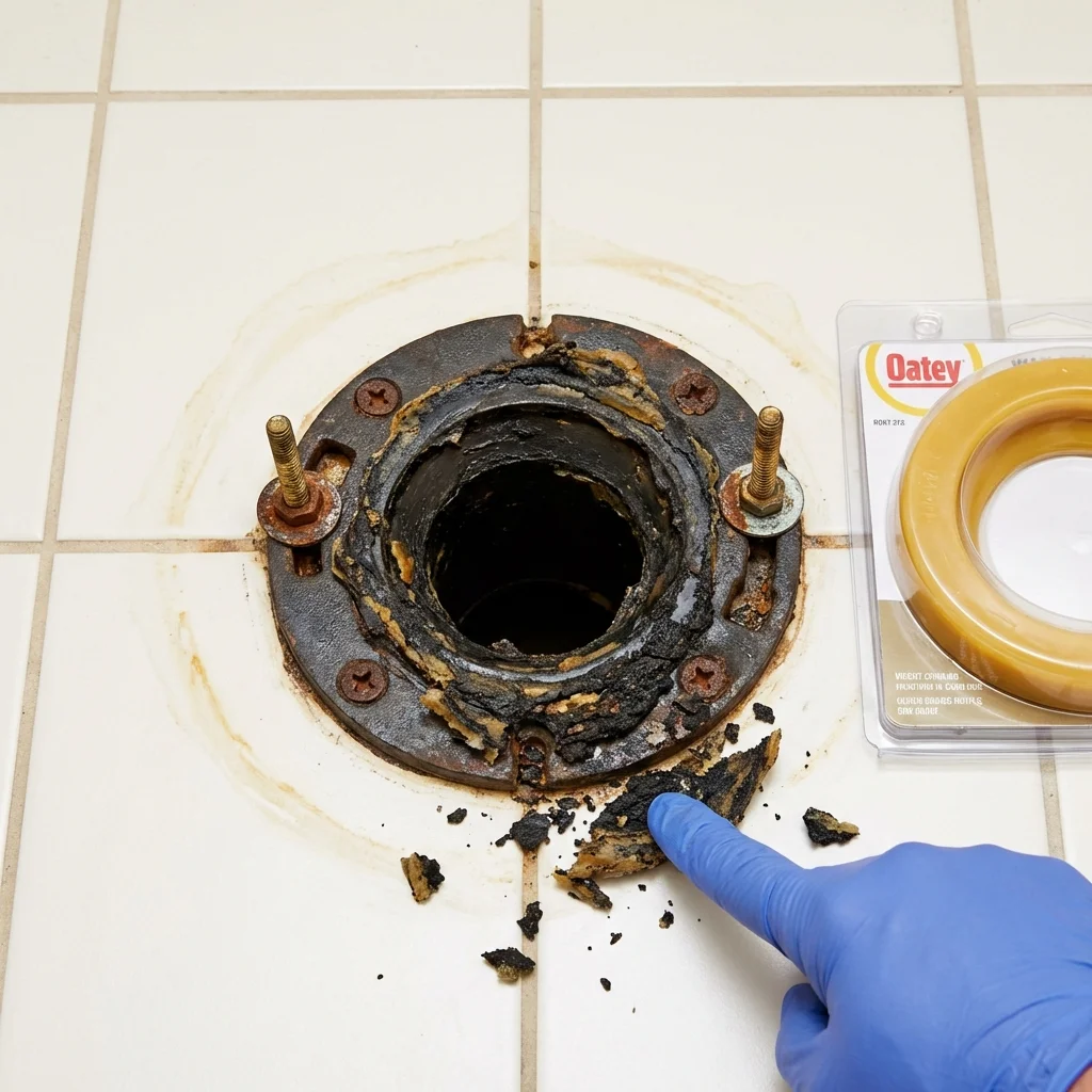 Failed wax ring showing water seepage at the base of a toilet in a Guerneville, CA home