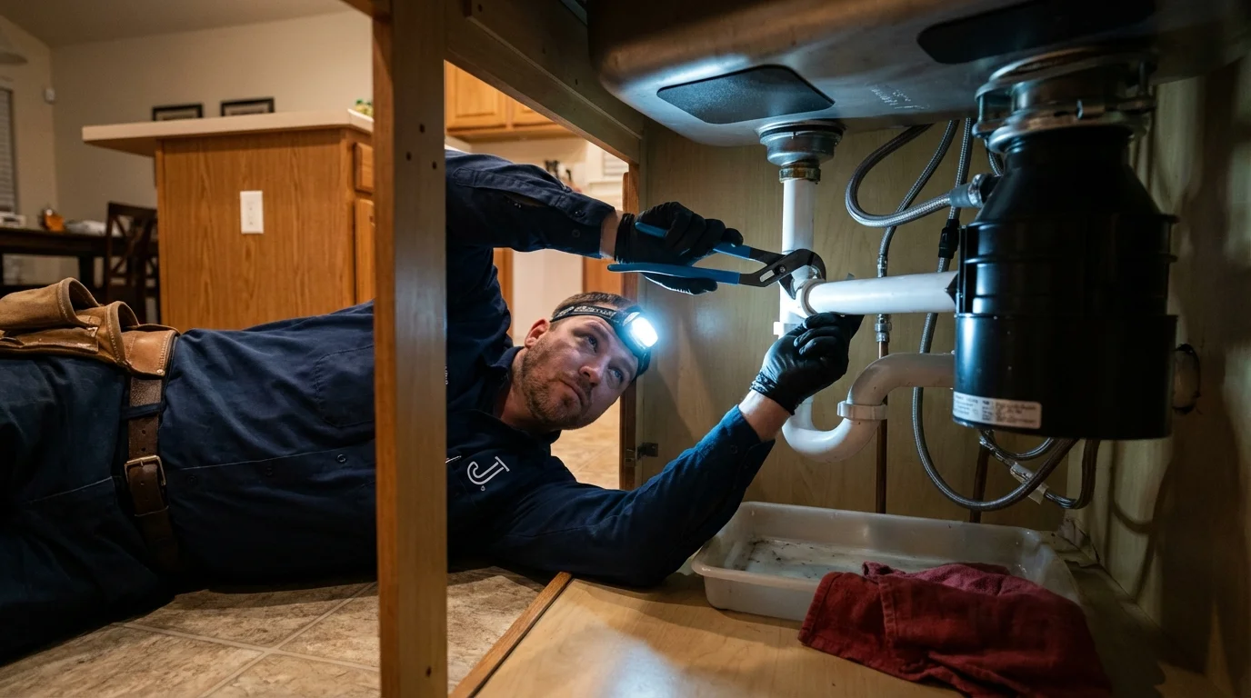 P-trap and supply line connections under a kitchen sink showing a common leak point in Guerneville, CA